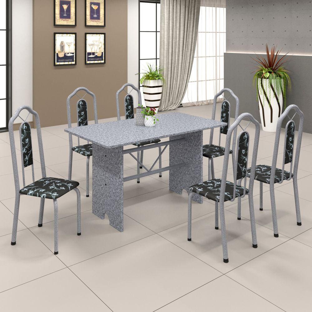 Conjunto de Mesa 070 140x75cm Tampo Granito com 6 Cadeiras Bianca Soma Móveis Preto Floral / Mart Perola