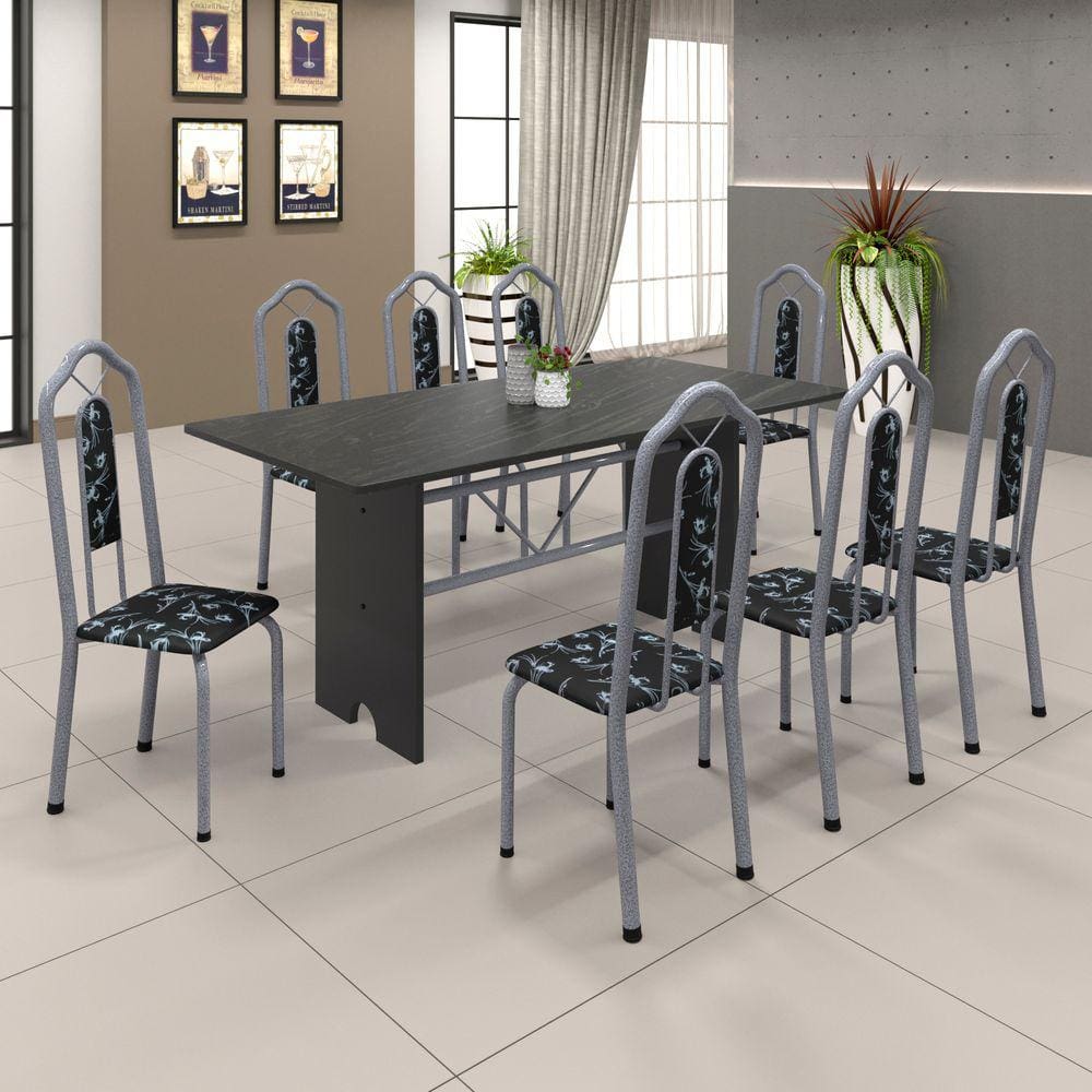 Conjunto de Mesa 071 180x75cm Tampo Ardósia com 8 Cadeiras Bianca Soma Móveis Preto Floral / Mart Perola