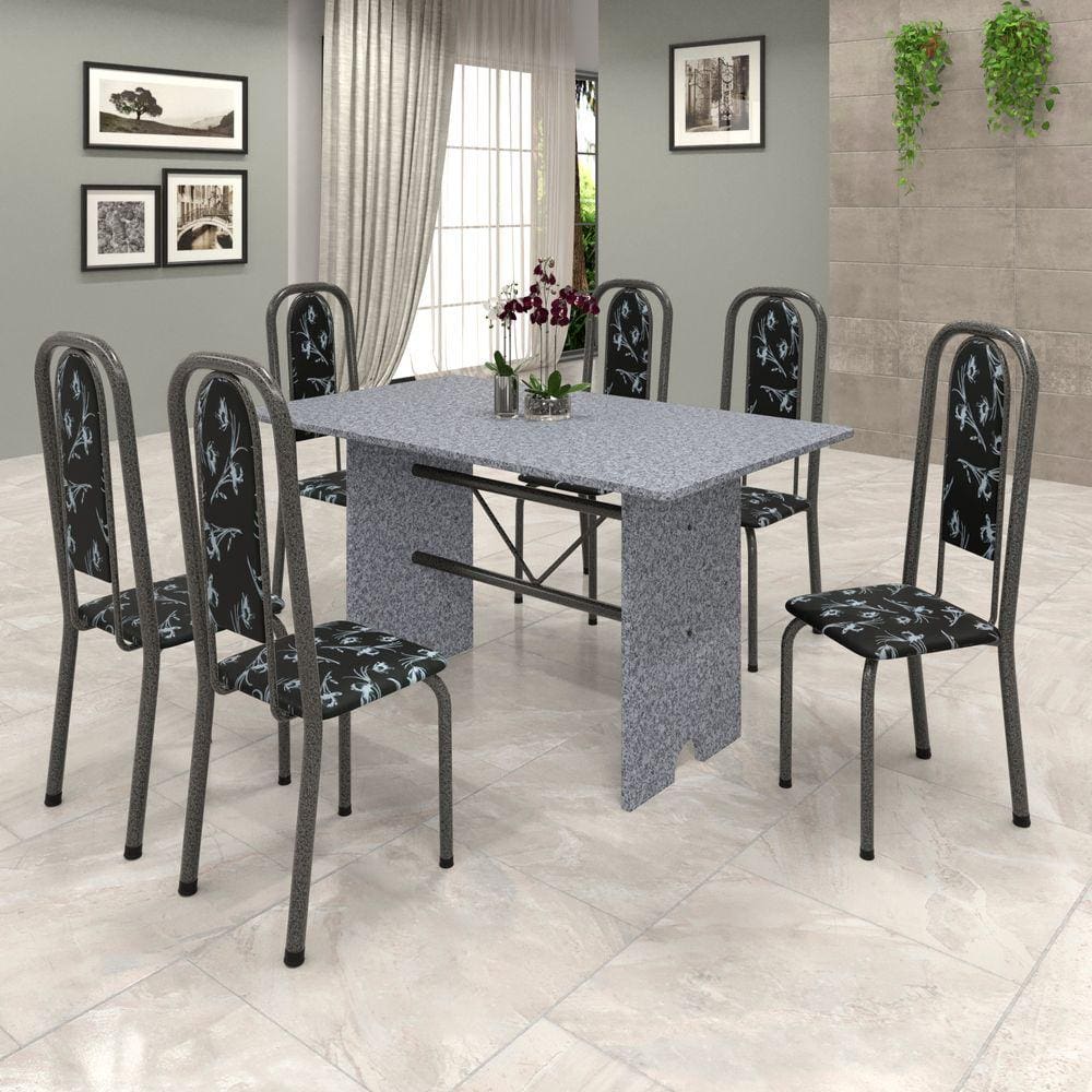 Conjunto de Mesa 070 140x75cm Tampo Granito com 6 Cadeiras Lavínea Soma Móveis Preto Floral / Mart Prata