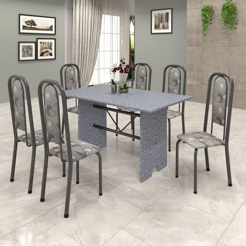 Conjunto de Mesa 070 140x75cm Tampo Granito com 6 Cadeiras Lavínea Soma Móveis Paraopeba / Mart Prata