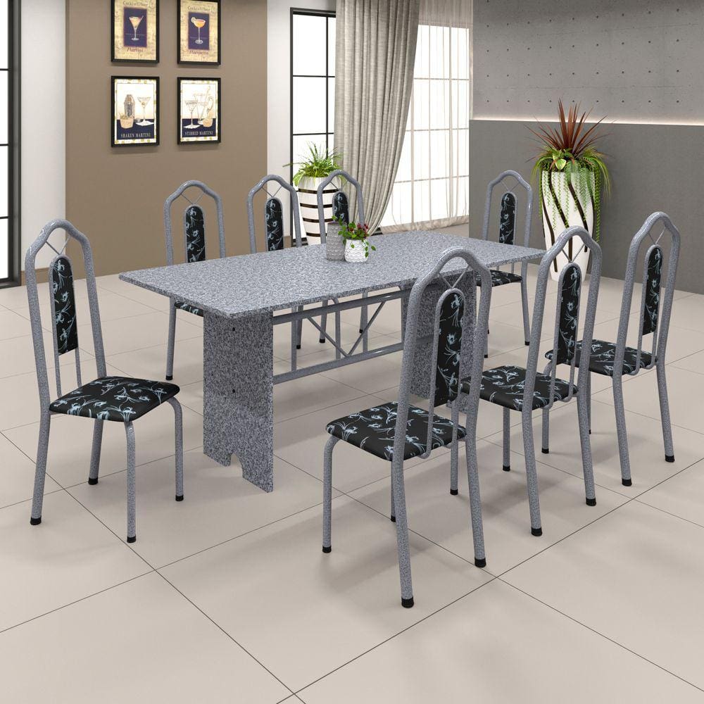 Conjunto de Mesa 071 180x75cm Tampo Granito com 8 Cadeiras Bianca Soma Móveis Preto Floral / Mart Perola