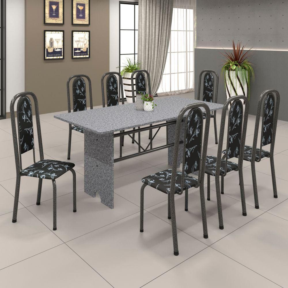 Conjunto de Mesa 071 180x75cm Tampo Granito com 8 Cadeiras Lavínea Soma Móveis Preto Floral / Mart Prata