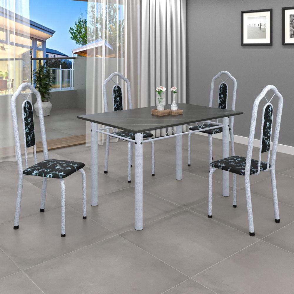 Conjunto de Mesa 010 Tubular 120x75cm Tampo Ardósia com 4 Cadeiras Bianca Soma Móveis Preto Foral / Mart Perola