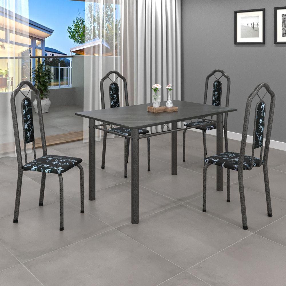 Conjunto de Mesa 010 Tubular 120x75cm Tampo Ardósia com 4 Cadeiras Bianca Soma Móveis Preto Foral / Mart Prata