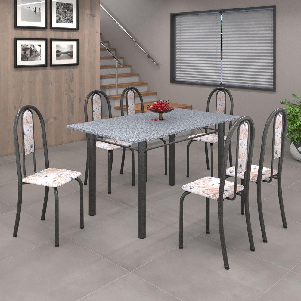 Conjunto de Mesa 010 Tubular 140cm com Tampo de Granito 6 Cadeiras Iris Soma Móveis Botanic Bege / Mart Prata