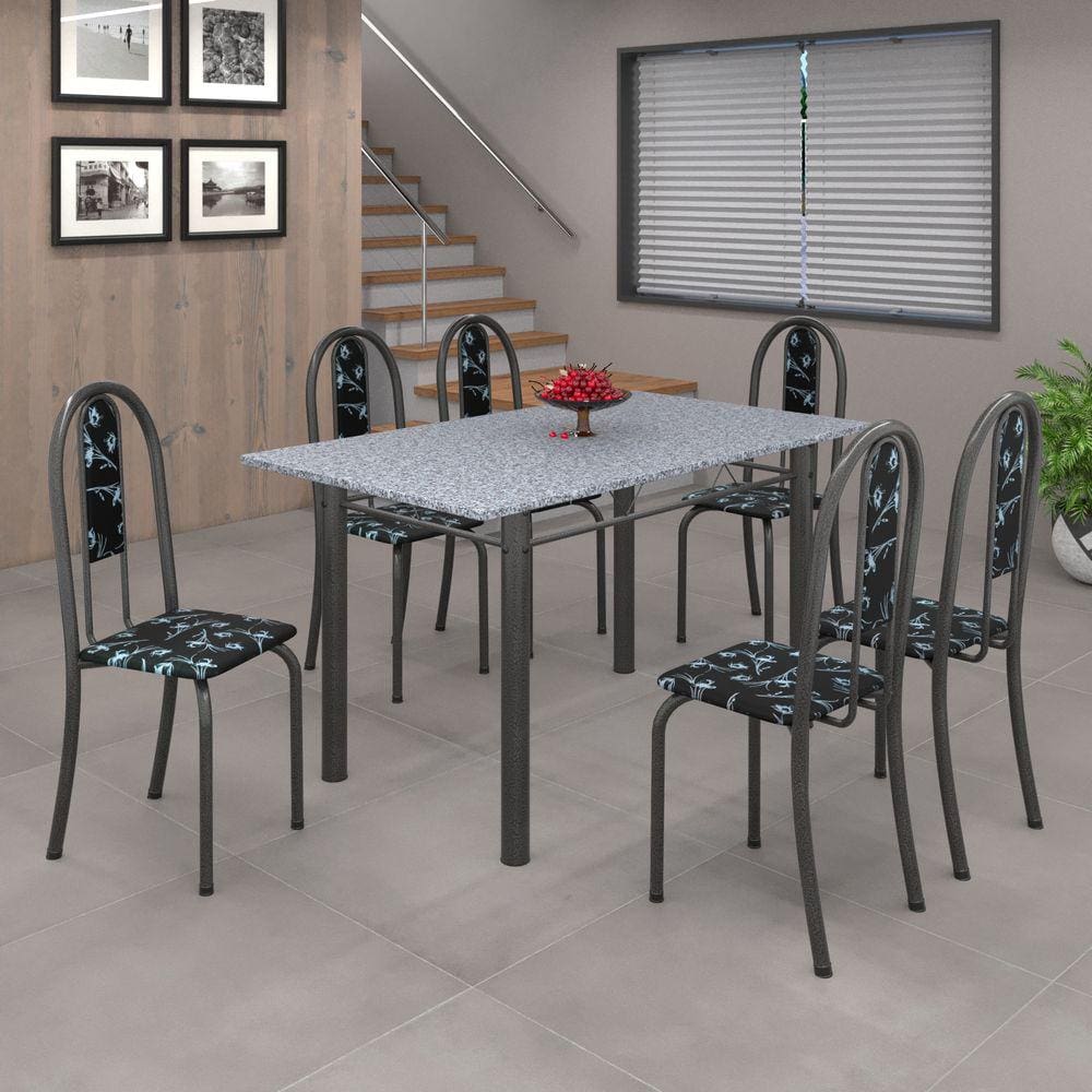 Conjunto de Mesa 010 Tubular 140cm com Tampo de Granito 6 cadeiras Iris Soma Móveis Preto Floral / Mart Prata