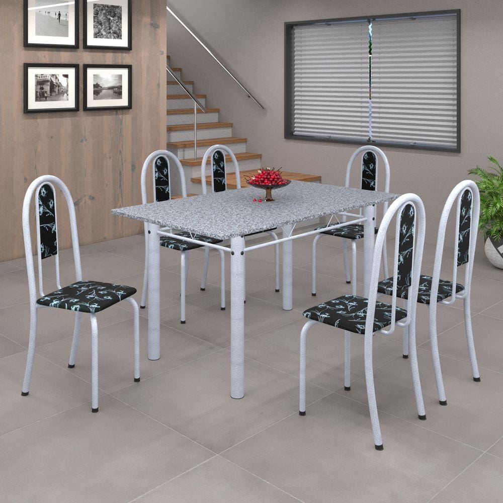 Conjunto de Mesa 010 Tubular 140cm com Tampo de Granito 6 Cadeiras Iris Soma Móveis Preto Floral / Mart Perola