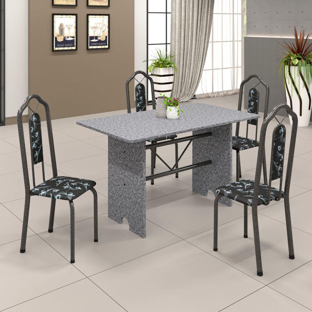 Conjunto de Mesa 070 120x75cm Tampo Granito com 4 Cadeiras Bianca Soma Móveis Preto Foral / Mart Prata