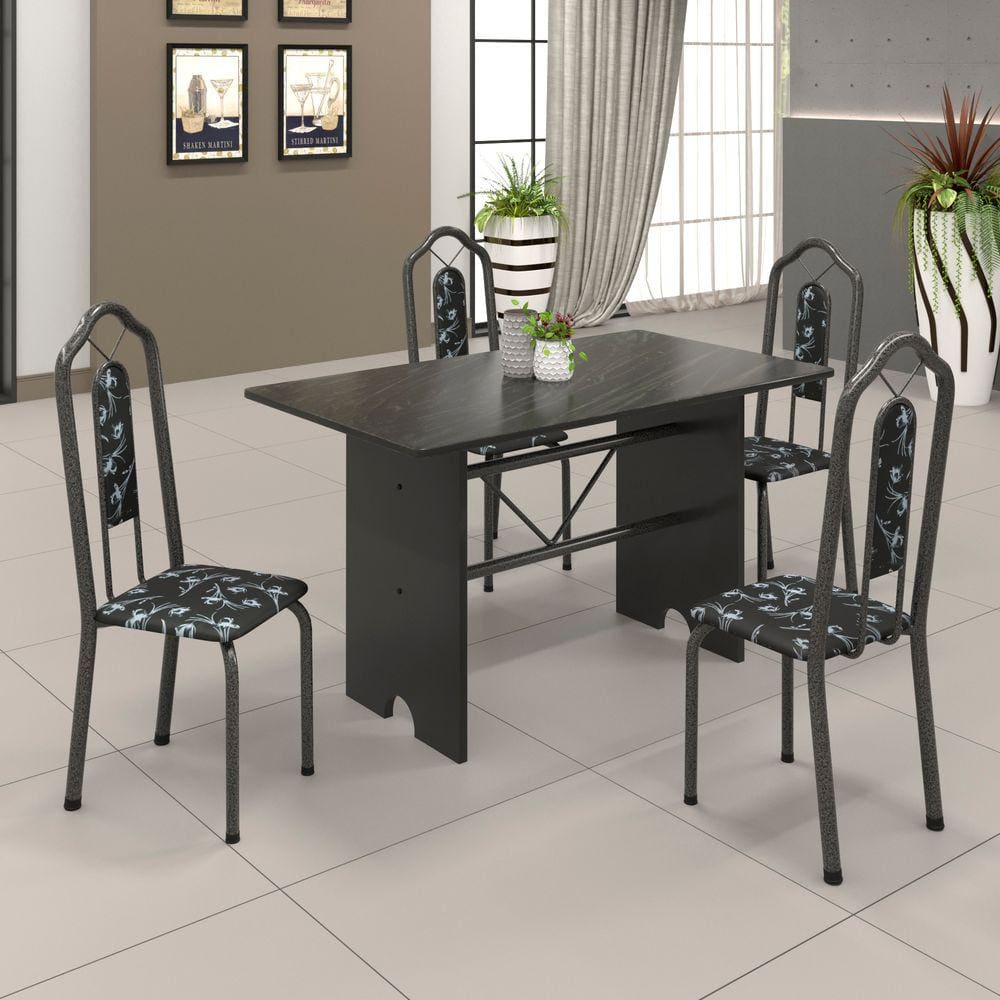 Conjunto de Mesa 070 120x75cm Tampo Ardósia com 4 Cadeiras Bianca Soma Móveis Preto Foral / Mart Prata