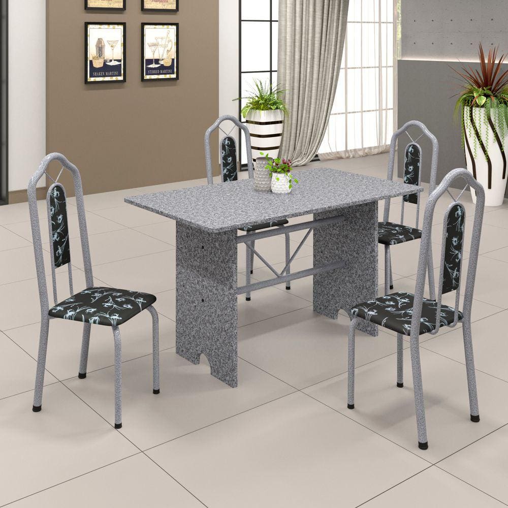 Conjunto de Mesa 070 120x75cm Tampo Granito com 4 Cadeiras Bianca Soma Móveis Preto Foral / Mart Perola