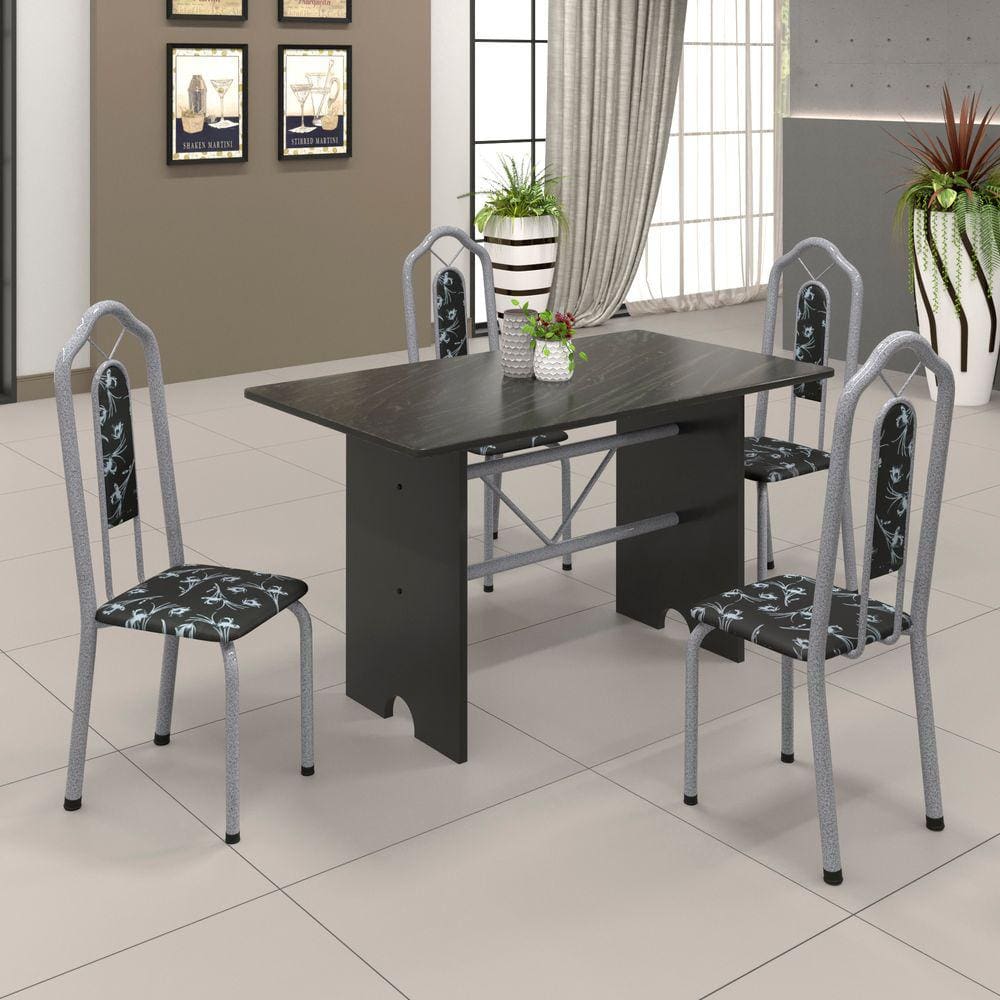 Conjunto de Mesa 070 120x75cm Tampo Ardósia com 4 Cadeiras Bianca Soma Móveis Preto Foral / Mart Perola