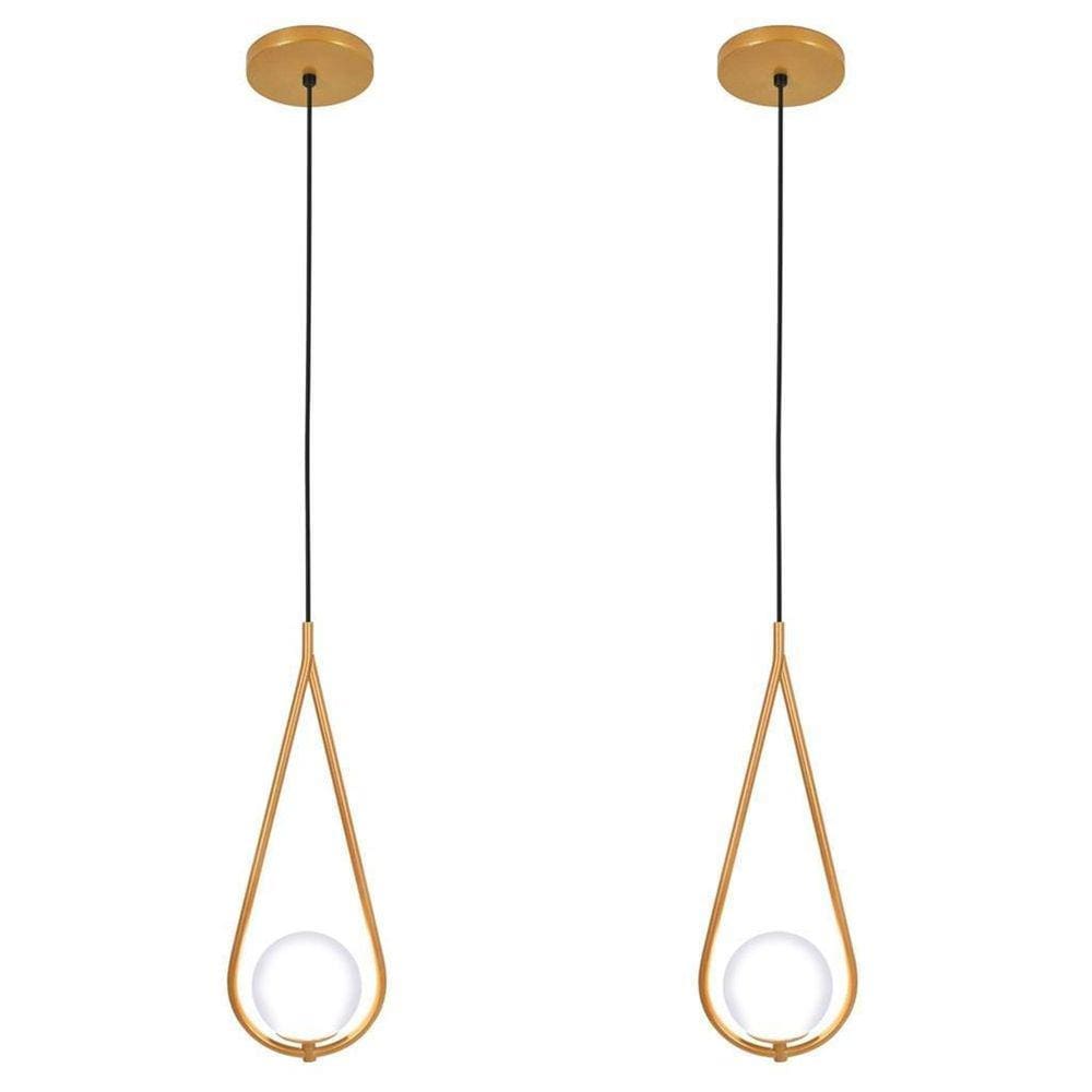 Kit 2 Luminárias Pendente Gota Globo Vidro Quarto Dourado