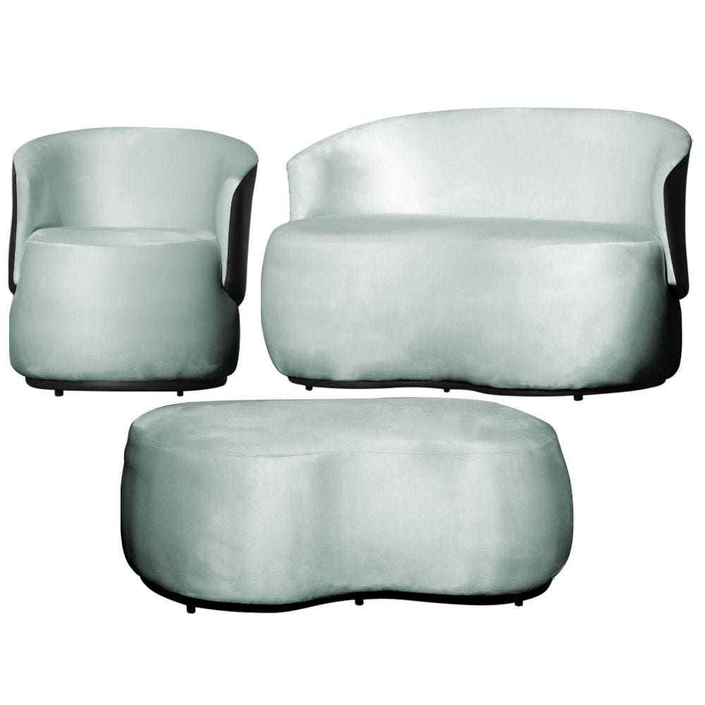 Kit 1 Poltrona 1 Namoradeira e 1 Puff Grande Orgânico Beatriz Veludo Composê Corino Preto - Estopar