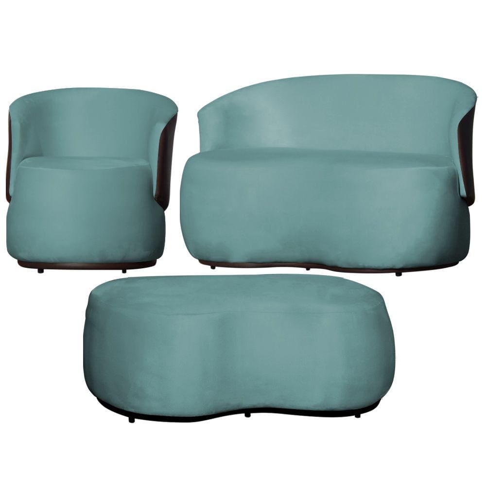 Kit 1 Poltrona 1 Namoradeira e 1 Puff Grande Design Orgânico Beatriz Veludo Composê Corino Marrom - Estopar