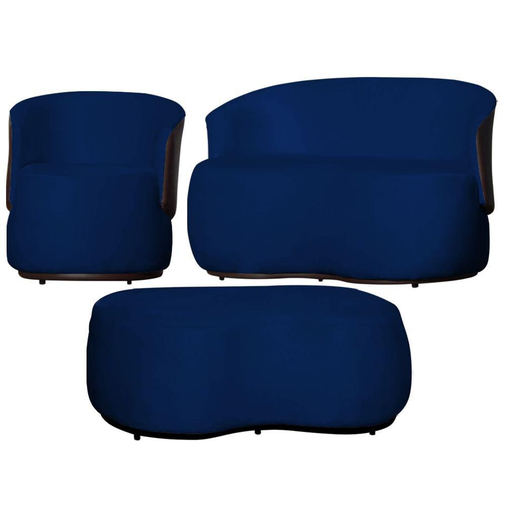 Kit 1 Poltrona 1 Namoradeira e 1 Puff Grande Design Orgânico Beatriz Veludo Composê Corino Marrom - Estopar