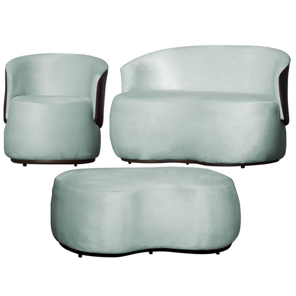 Kit 1 Poltrona 1 Namoradeira e 1 Puff Grande Design Orgânico Beatriz Veludo Composê Corino Marrom - Estopar