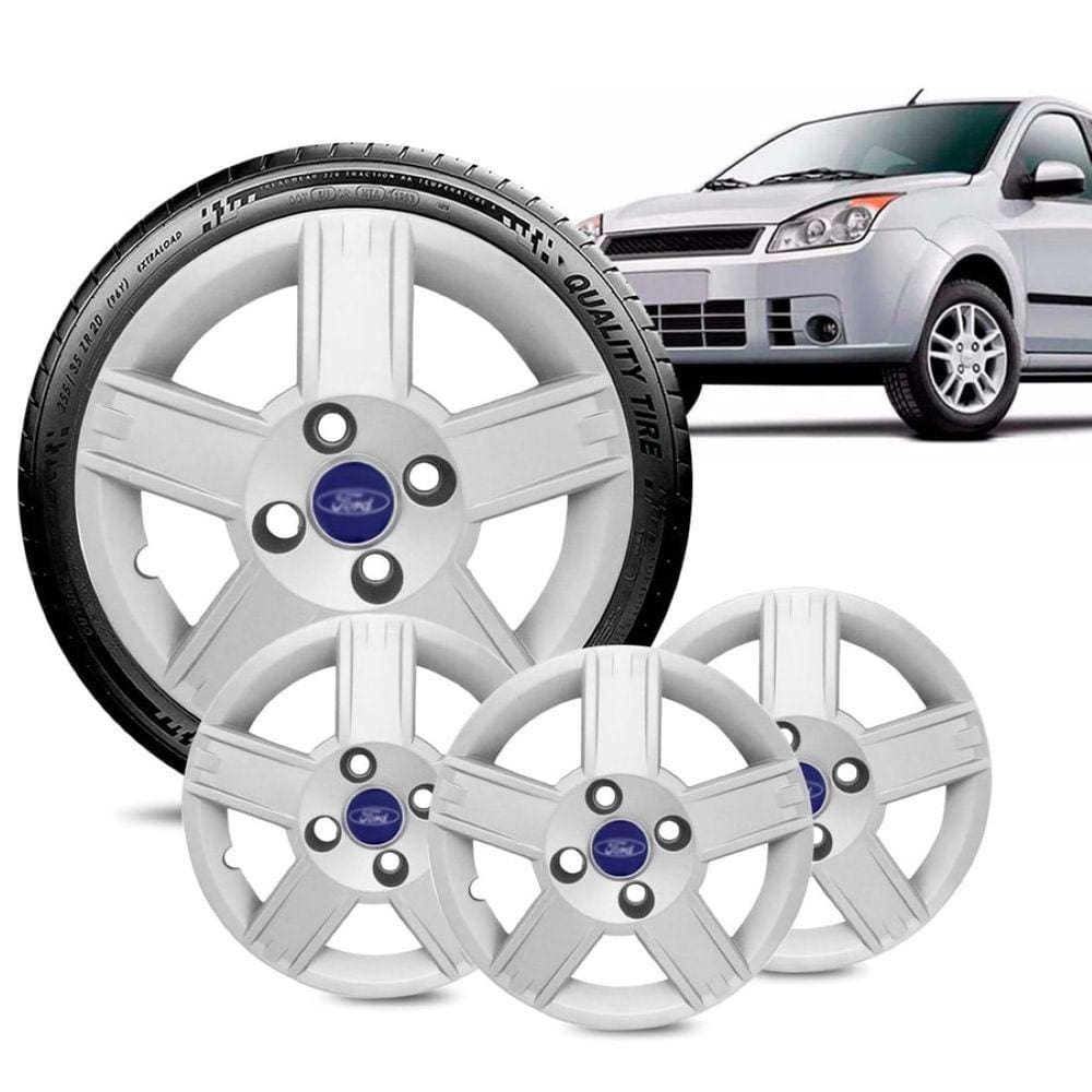 Jogo 4 Calota Ford Fiesta aro 14 2008 a 10 prata logo azul