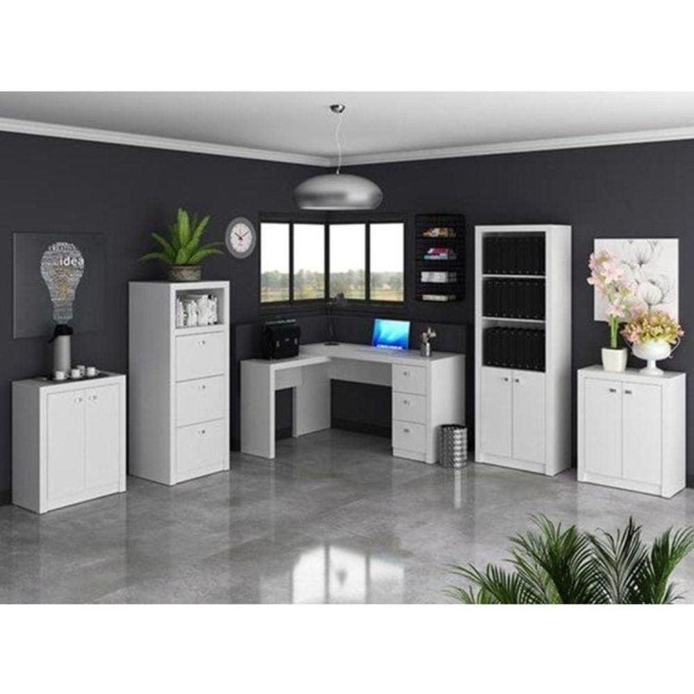 Escritório Completo com Mesa em L, Armário 2 Portas, Gaveteiro e 2 Balcões Espresso Móveis Branco
