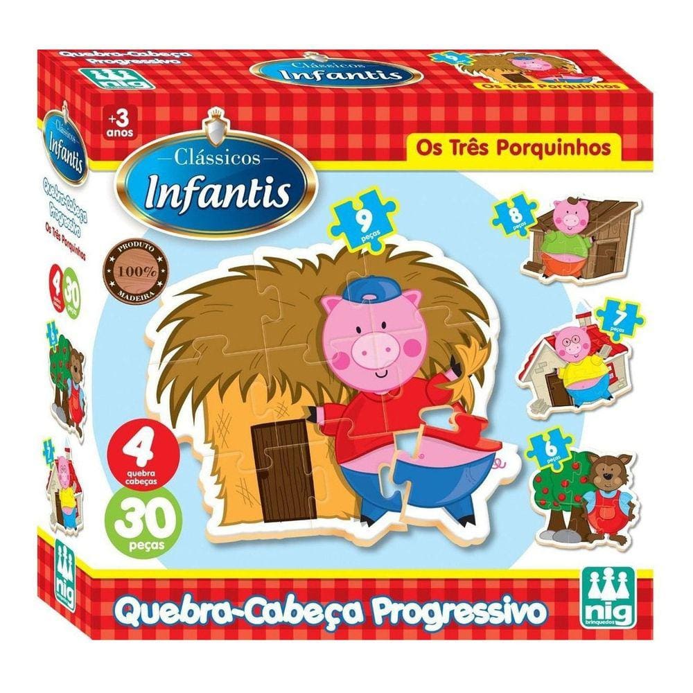 Jogo Quebra-Cabeça Infantil Os Três Porquinhos Brinquedos Educativo em Madeira 20 peças