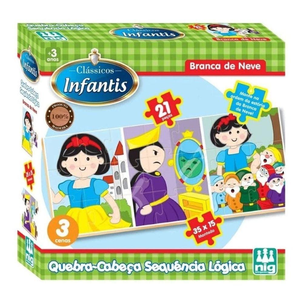 Jogo Quebra Cabeça Infantil Educativo Branca de Neve Sequência Lógica em Madeira 21peças