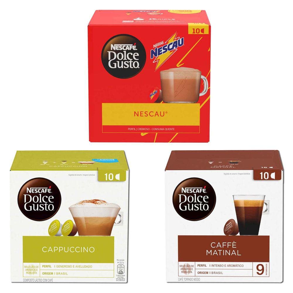 Kit 30 Cápsulas Dolce Gusto 1 Nescau 1 Cappuccino 1 Matinal