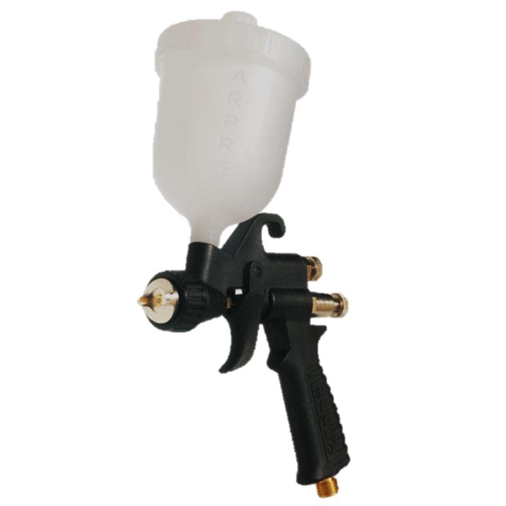Aplicador de Pintura Arprex Stylo Preta Baixa Pressão Gravidade Bico 0.8 Mm Caneca Nylon 250 Ml Com Coador