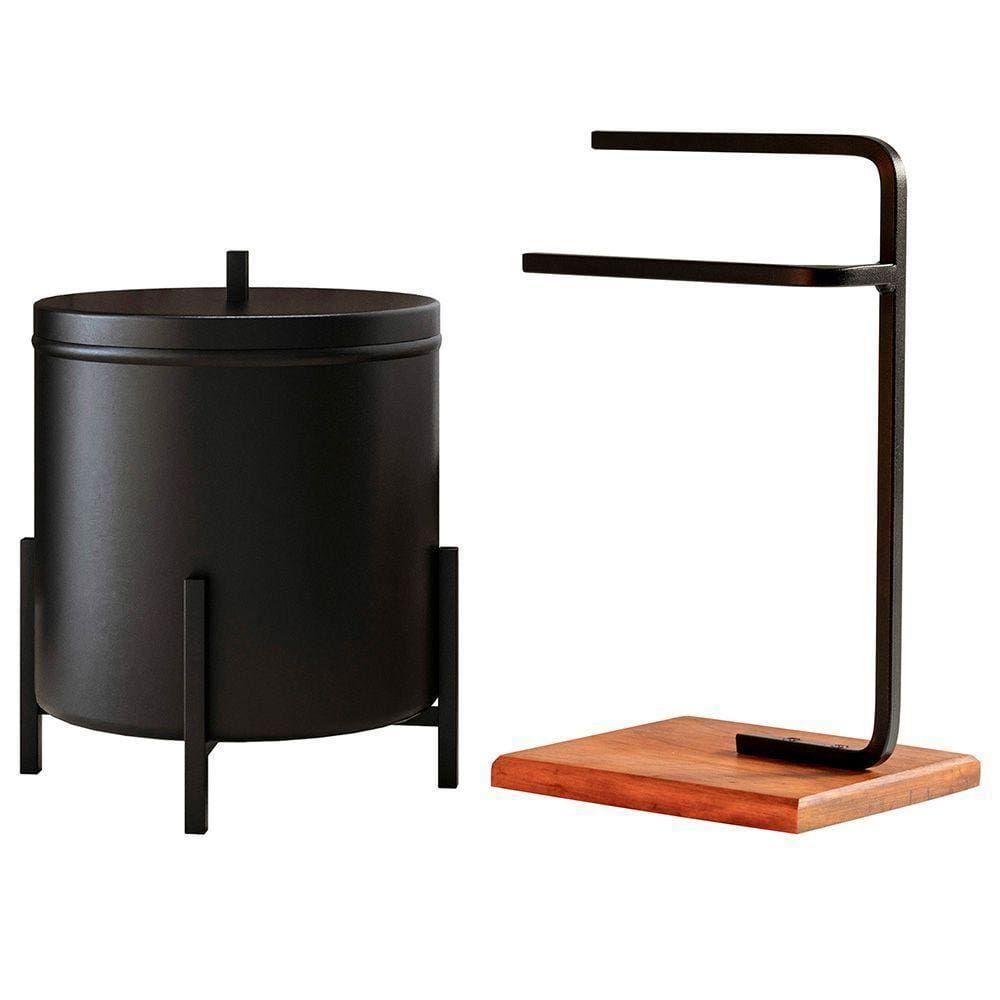Lixeira E Porta Toalha Glam Com Base De Madeira D09 Preto - Mpozenato