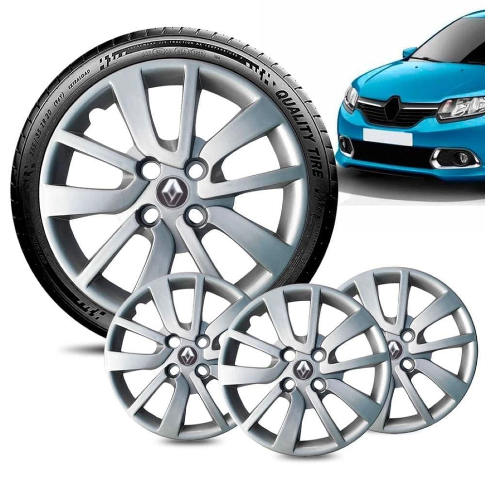 Jogo 4 Calota Renault Sandero aro 14 2014 a 20 Prata Logo Pt