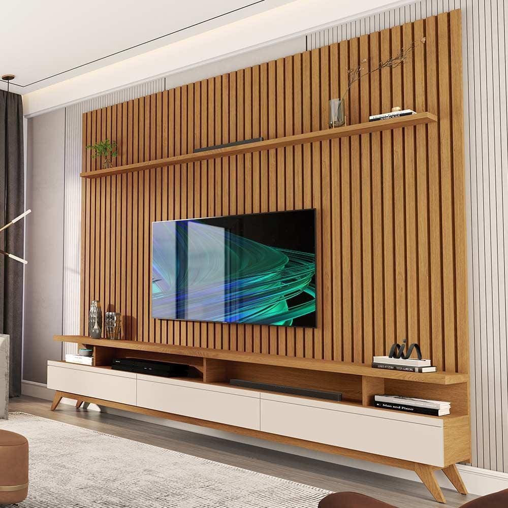 Rack Com Painel Ripado Para TV Até 75 Polegadas 2.2 Nature Off White Versátil Giga Móveis