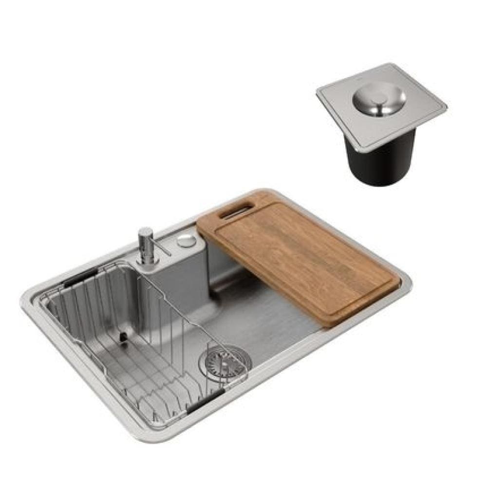 Cuba de Embutir/Sobrepor Massima 68x48cm  Em Aço Inox Com Lixeira de Embutir 6L, Tábua de Madeira, Dosador de Sabão, Ces