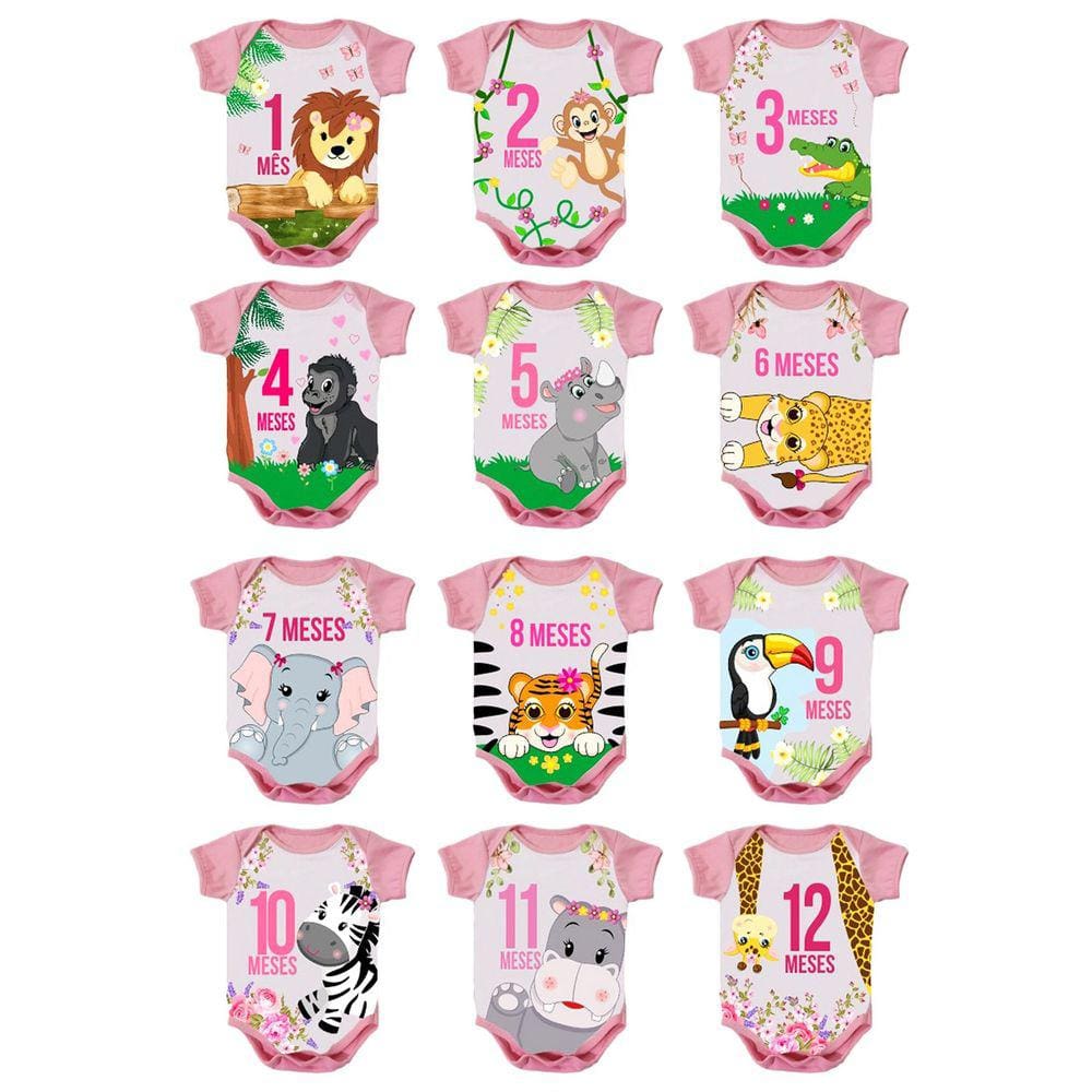 Body de Bebê Mesversario Safari Rosa Kit com 12 Bodies de 1 a 12 Meses P ao GG