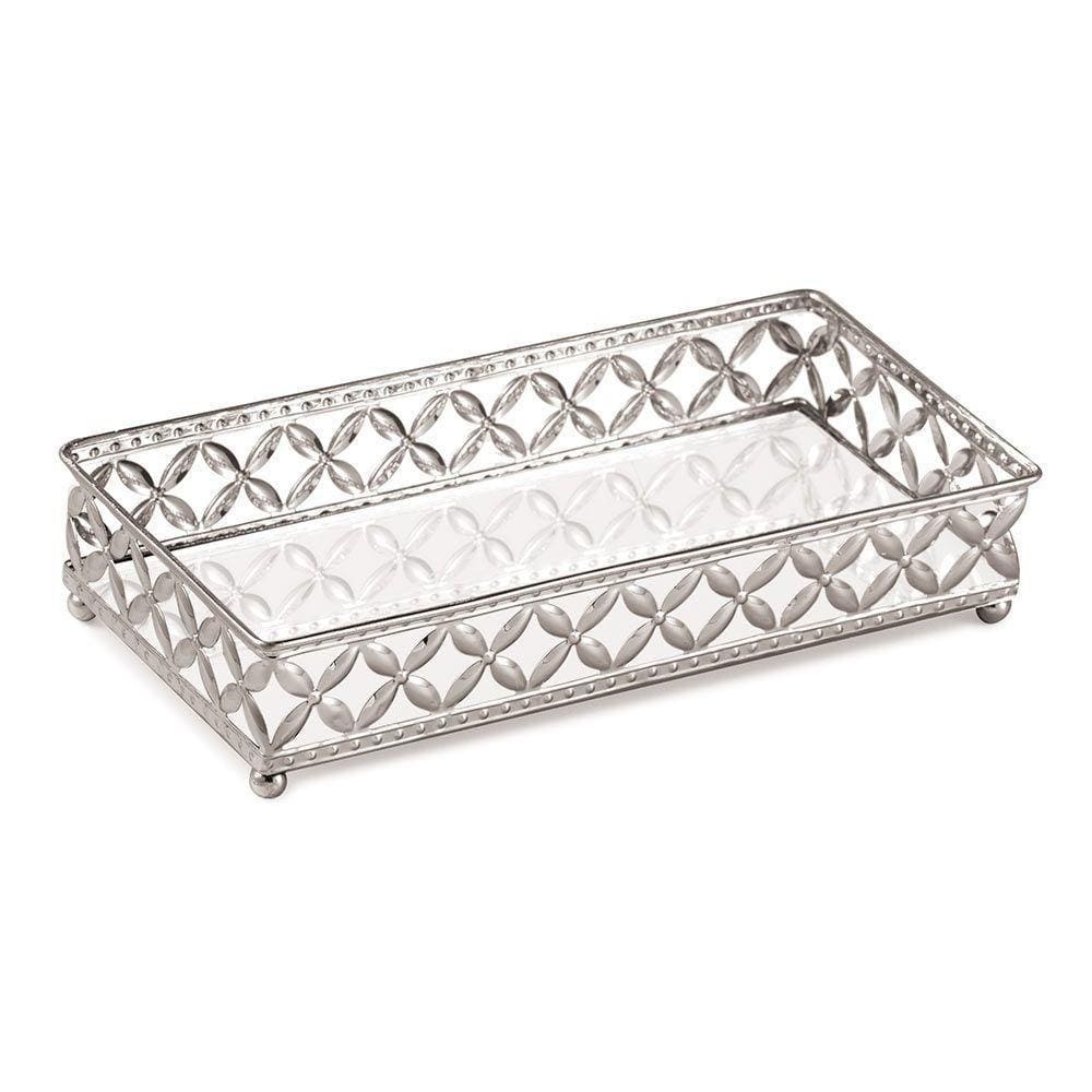 Bandeja Decorativa Retangular Em Metal Prata Espelho