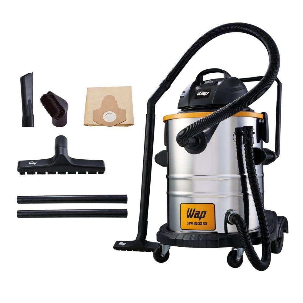 Aspirador de Pó e Água Potente WAP GTW Inox 50 1600W 50L com Rodinhas e Extensores de Longo Alcance 127V Prata