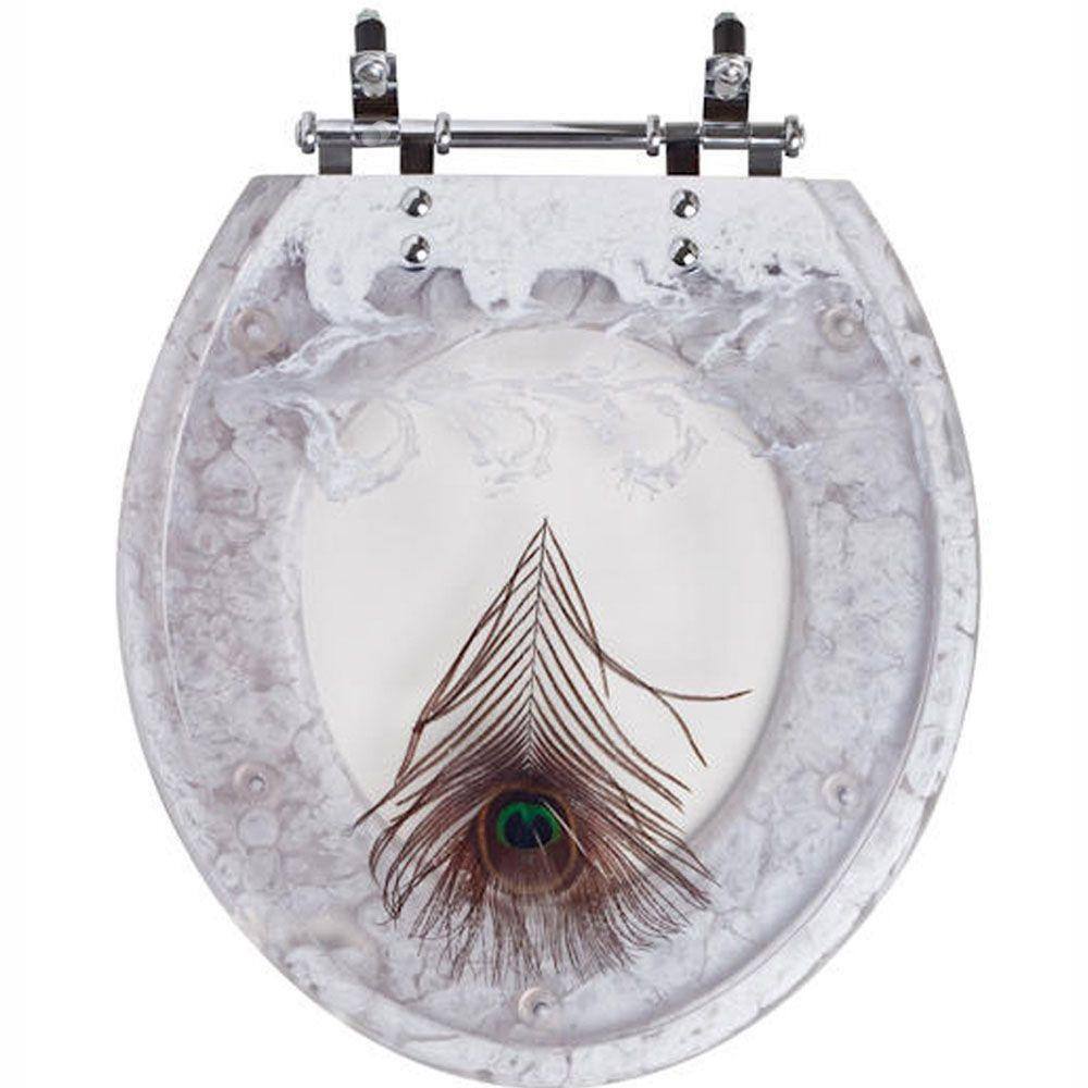 Assento Sanitario Poliester Convencional Oval Branco Decorado Pena De Pavao