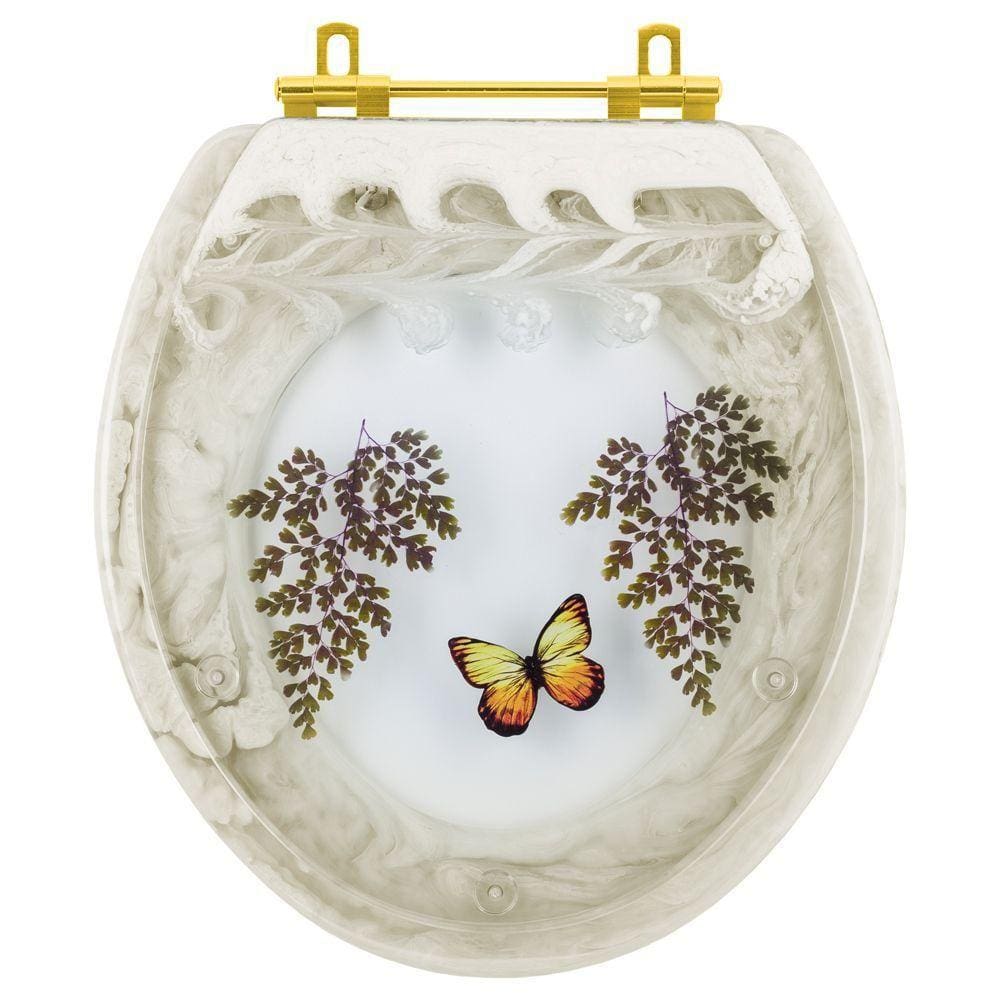 Tampa de Vaso Poliester Oval Bege Decorado Borboleta Amarela Com Ferragem Dourada