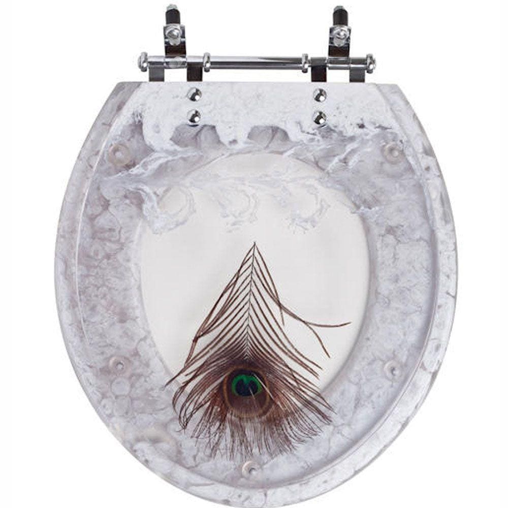 Assento Sanitario Poliester Convencional Oval Branco Decorado Pena De Pavao