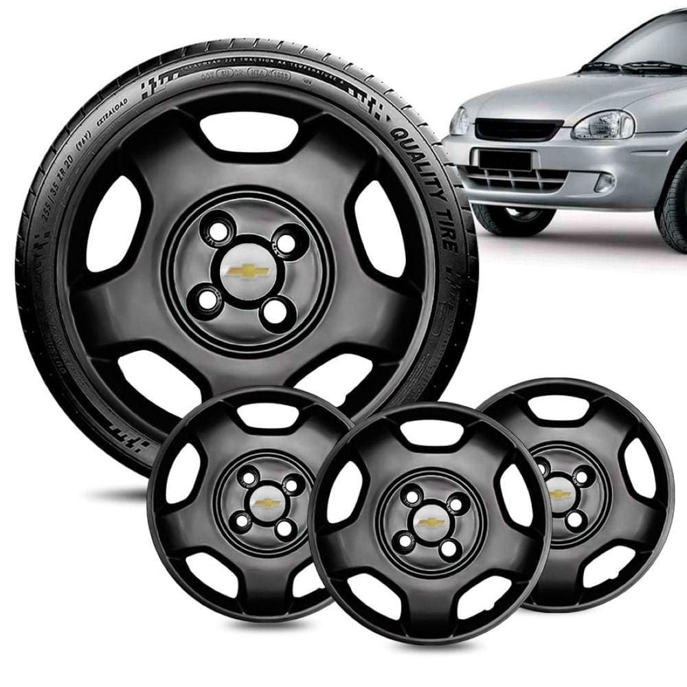 Jogo 4 Calota GM Corsa aro 14 2004 Preta Brilhante Log prata