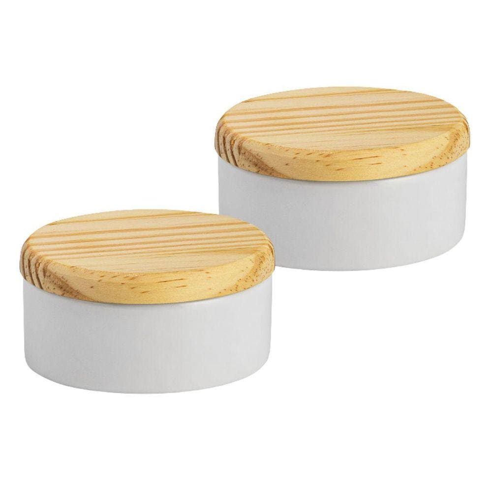 Kit 2 Porta Joia Porcelana Tampa Madeira Potinho Louça 8,5Cm