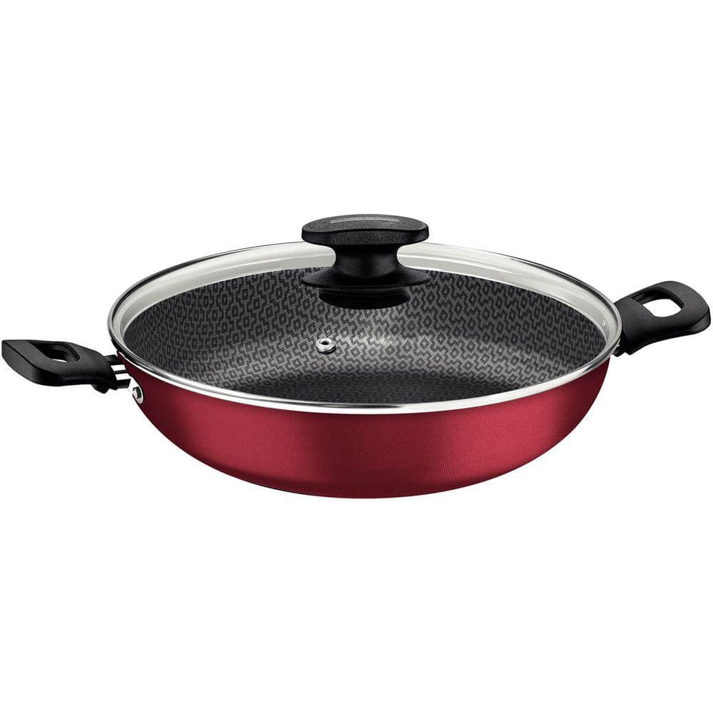 Wok em Alumínio 28cm Tramontina Antiaderente Panela com Tampa e Alças 3,3L Vermelha