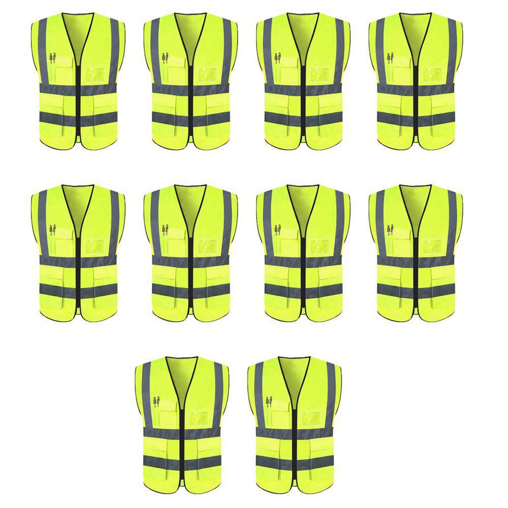 Colete Refletivo Sinalizador Kit 10 Unidades Segurança EPI Obra Fiscalizaçao Blusao Fluorescente Bolsos Ziper