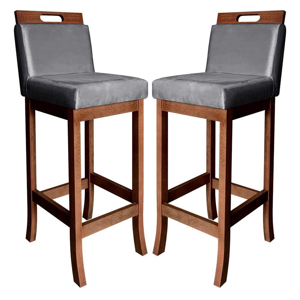 Kit 2 Banquetas Média para Cozinha Milão Madeira Castanho Suede Cinza CCS