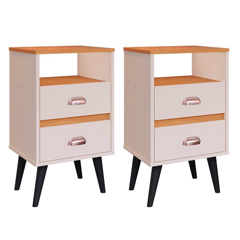 Kit 2 Mesas de Cabeceira Nicho Gavetas Puxador Concha Mesinhas Pequenas Canto Lateral Cama Quarto Retrô Classic New – Off White/Cinamomo- RPM