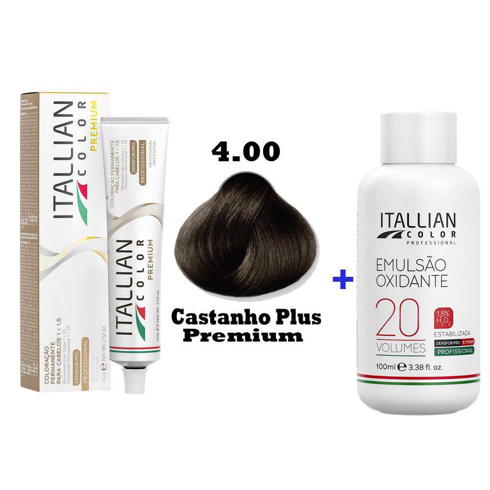 Kit Coloração Itallian Premium 60g Castanho Plus 4.00+ Emulsão Oxi 20vol.x100ml.