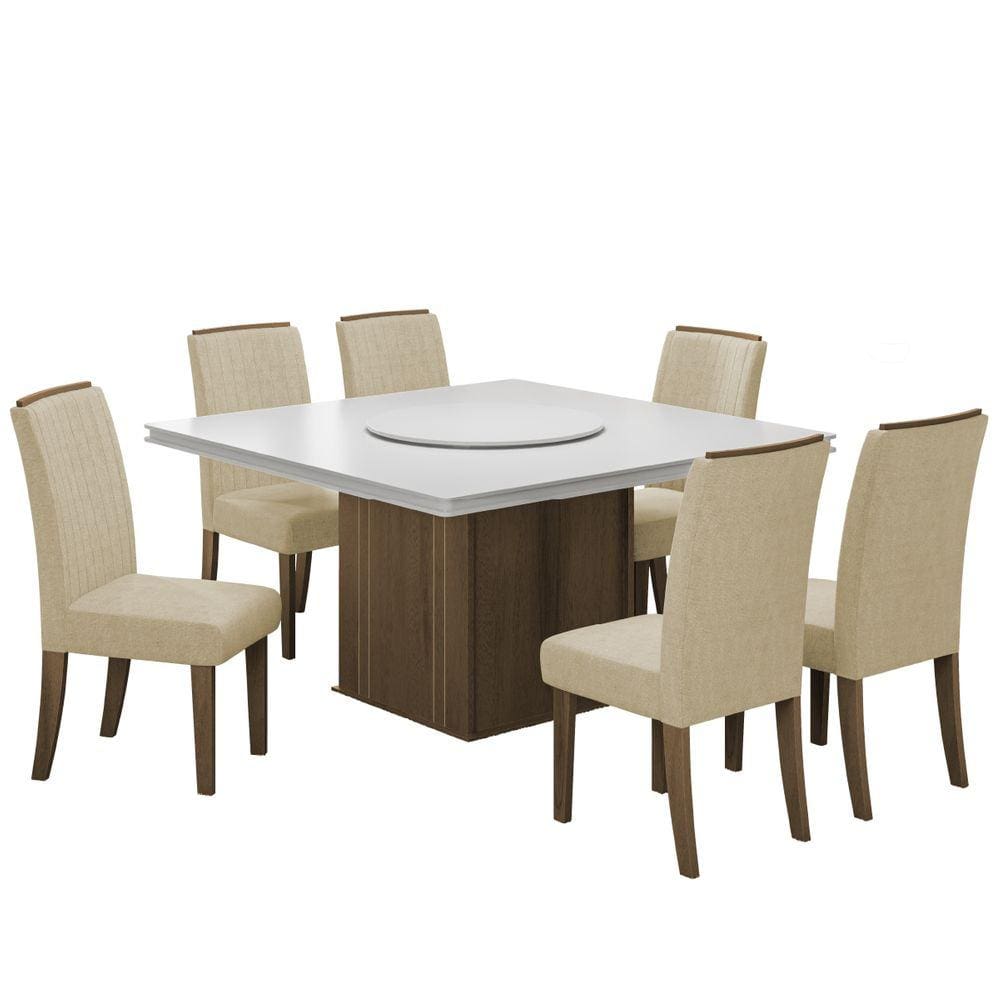 Conjunto De Mesa Sala de Jantar Com Tampo Giratório Amesterdã 1,36m 6 Cadeiras Grécia Cedro / Off White / Bege Dobuê
