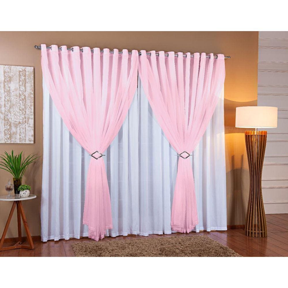 Cortina Voil Forro Microfibra 6,00 X 2,70 Branco E Rosa