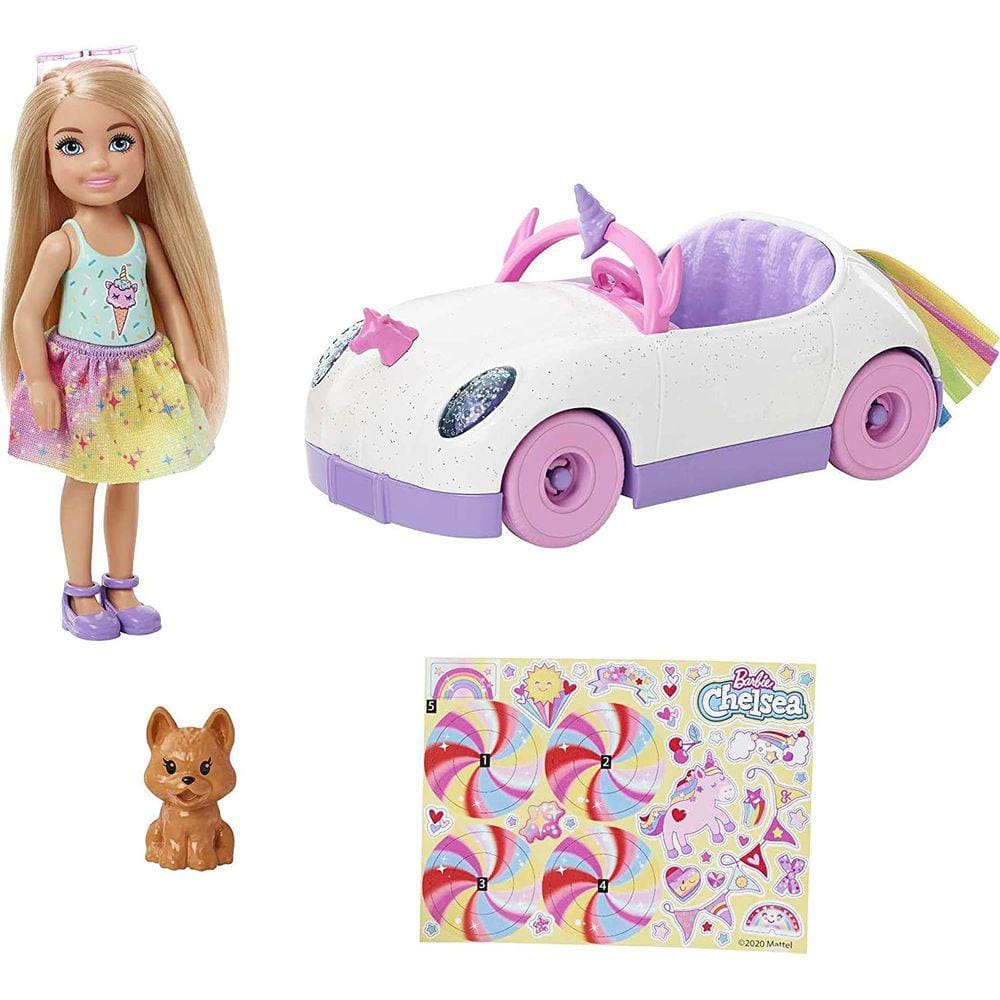 Barbie Club Chelsea Doll (loira de 6 polegadas) com carro com tema de unicórnio arco-íris aberto, cachorrinho de estimação, folha de adesivo e acessór