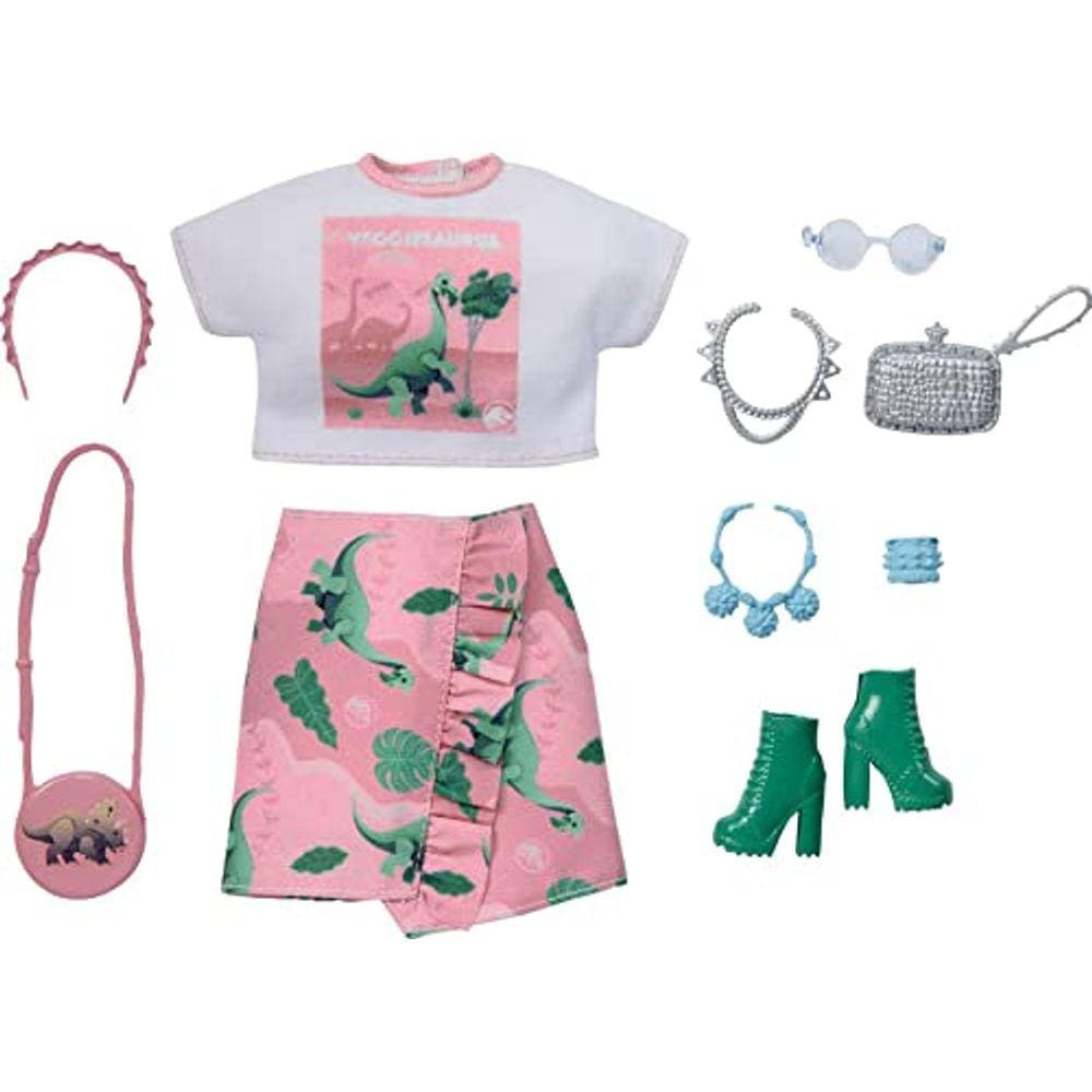 Pacote de moda Barbie Fashions Storytelling - camisa branca com dinossauro, saia rosa com dinossauros - inspirado na popular marca Roxy, visual comple
