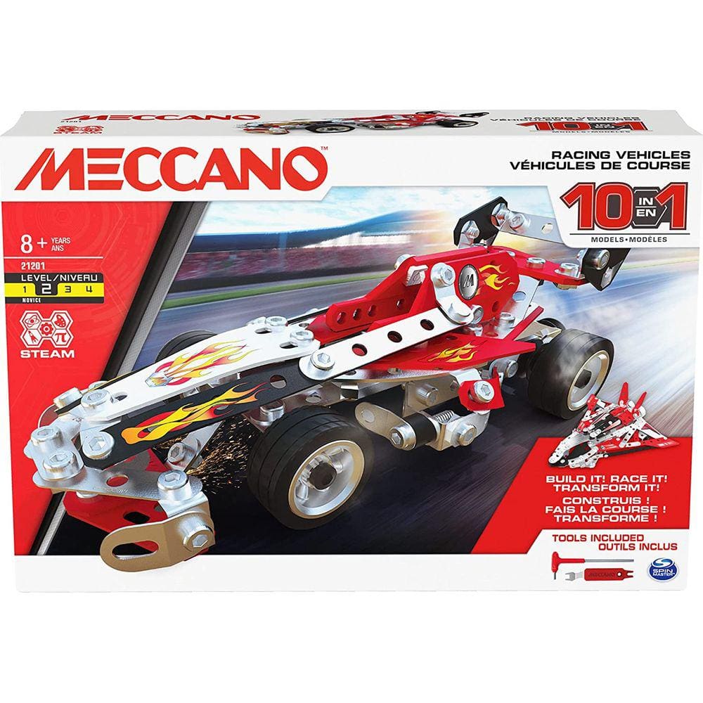 Kit de Construção Veículos Corrida STEM Meccano 10-EM-1 c/ 225 Peças e Ferramentas - 8+ Anos