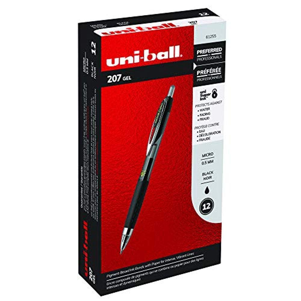 uni-ball 207 Gel Pens Retrátil Fine Point Micro Tip, 0.5mm, Preto, 12 Pack