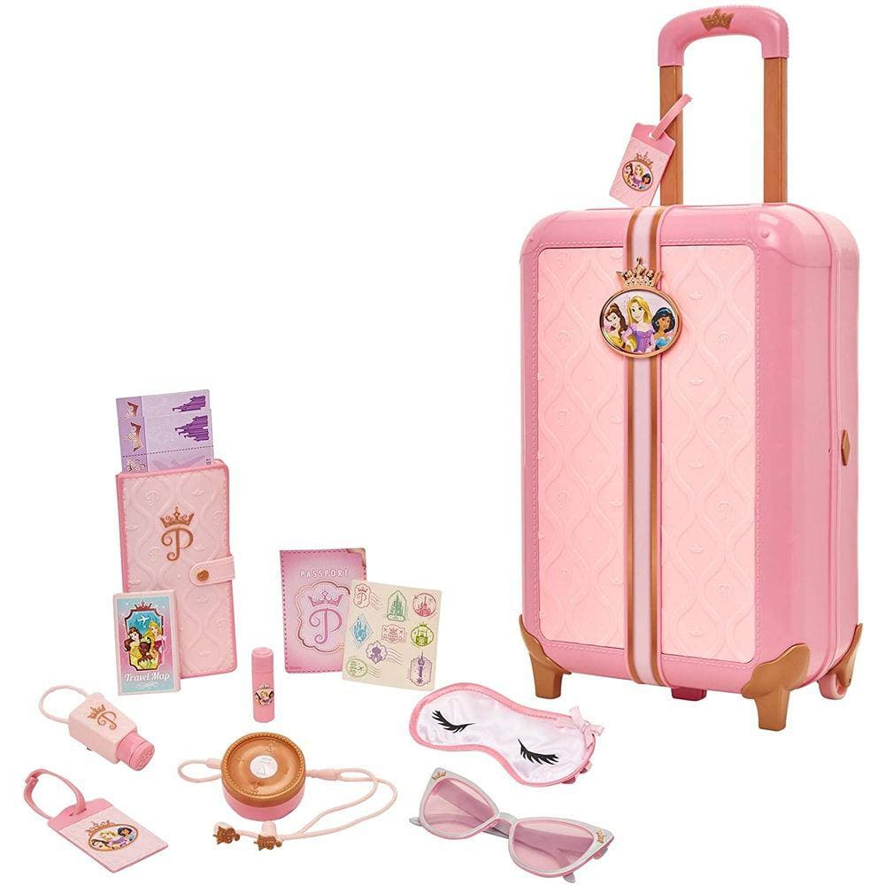 Mala de viagem feminina de Disney Princess com etiqueta de bagagem da Style Collection, 17 acessórios de brincadeira a fingir, incluindo passaporte de